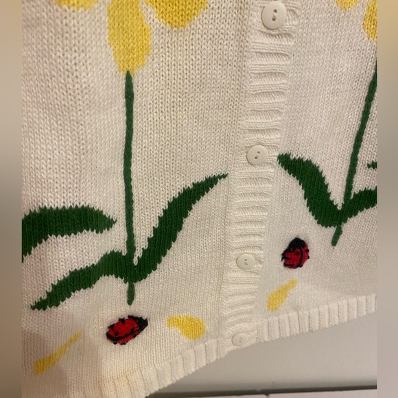 VINTAGE QUACKER FACTORY DAISY & LADYBUGS EMBELLISHED SS CARDIGAN SWEATER - Picture 6 of 11